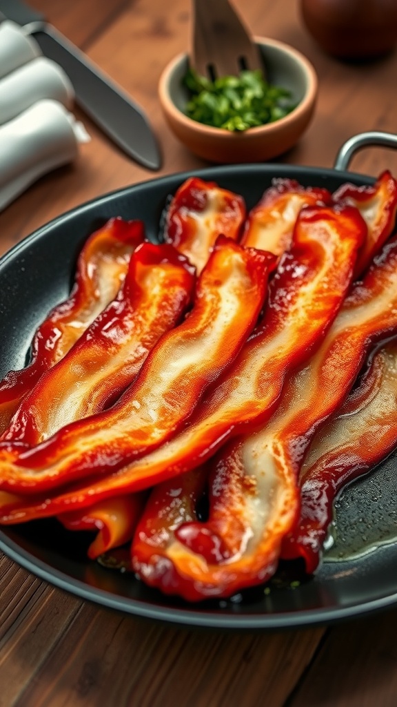 Crispy and perfectly cooked bacon slices on a plate, ready to be served.